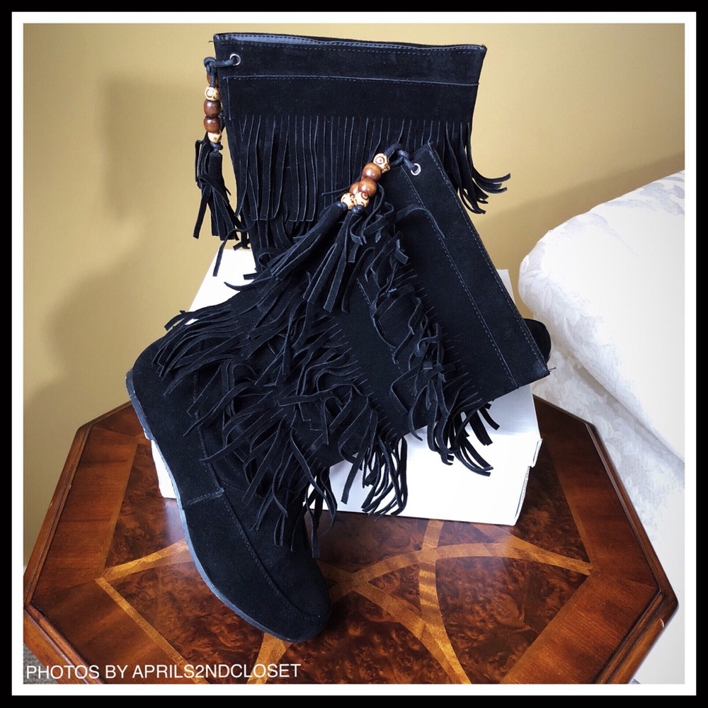 BLACK SIZE 11 FRINGE BOOTS BOHO FLAT BOOTIES A2C - Picture 5 of 8